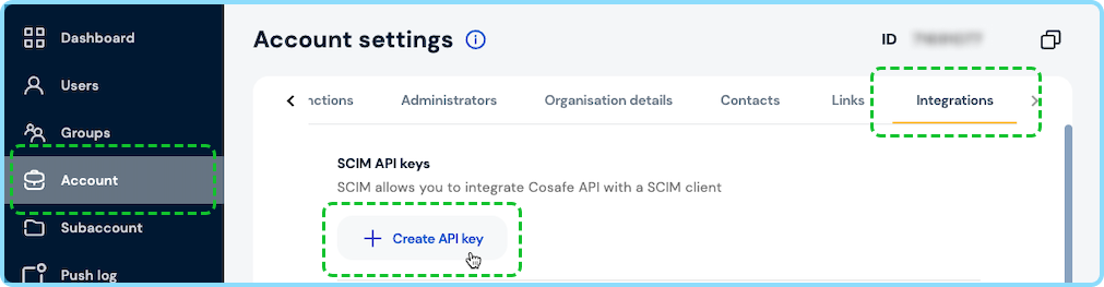 Screenshot of Admin panel showing Api keys creation