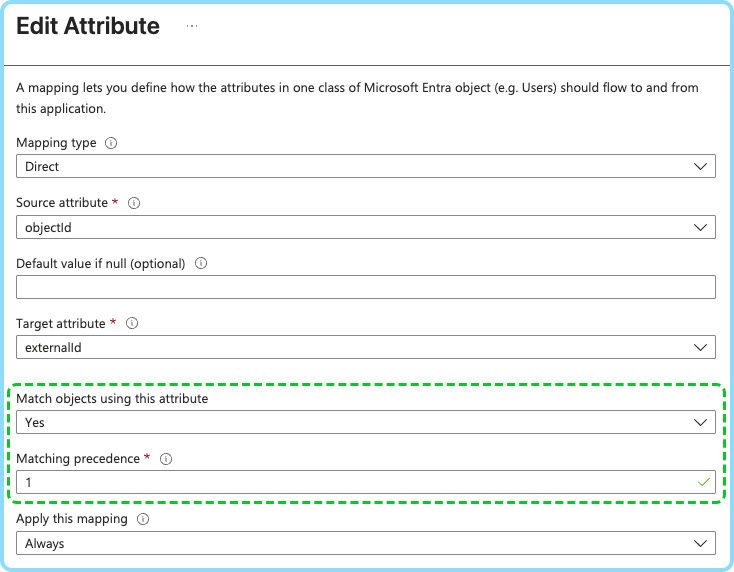 Skärmdump som visar hur man ställer in externalId som ett matchande attribut